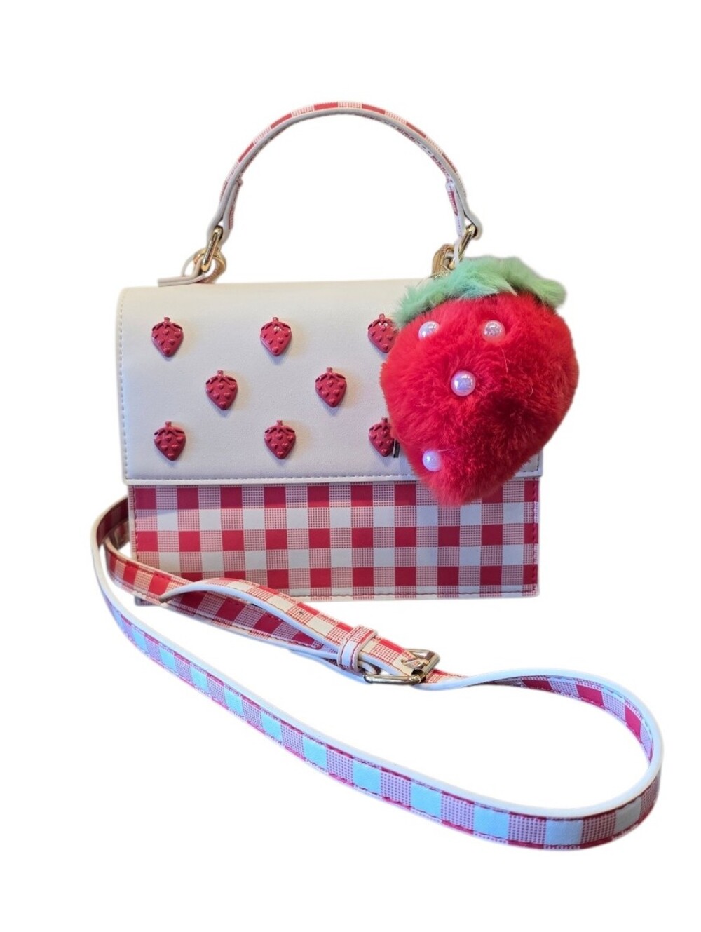 Betsey Johnson Strawberry Gingham Red White Crossbody Handbag - Picture 2 of 12